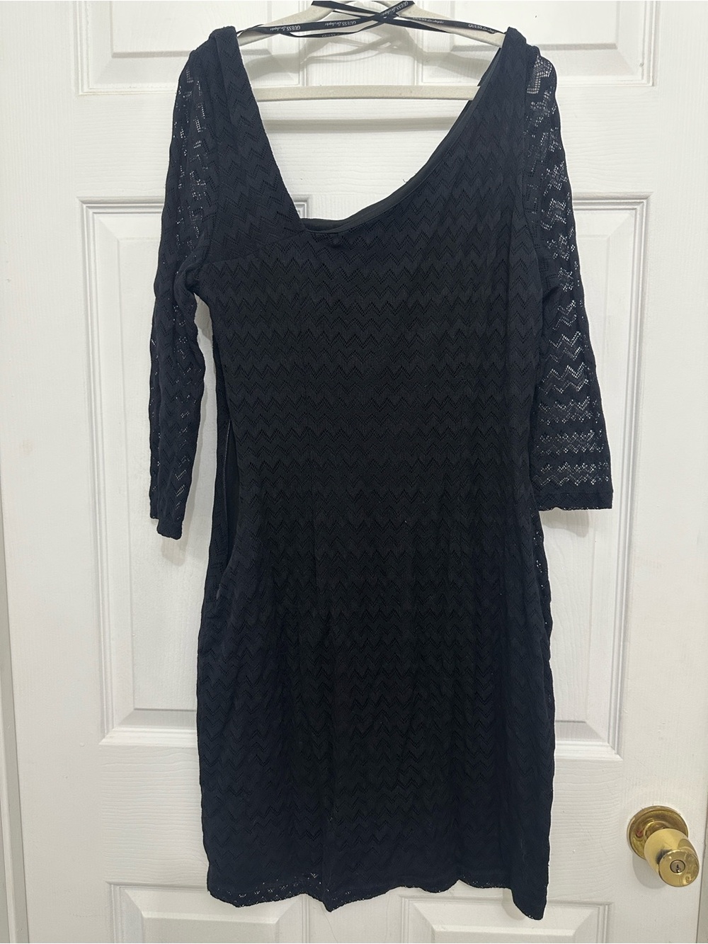 Vtg Guess Black Chevron Lace Long-Sleeve Dress